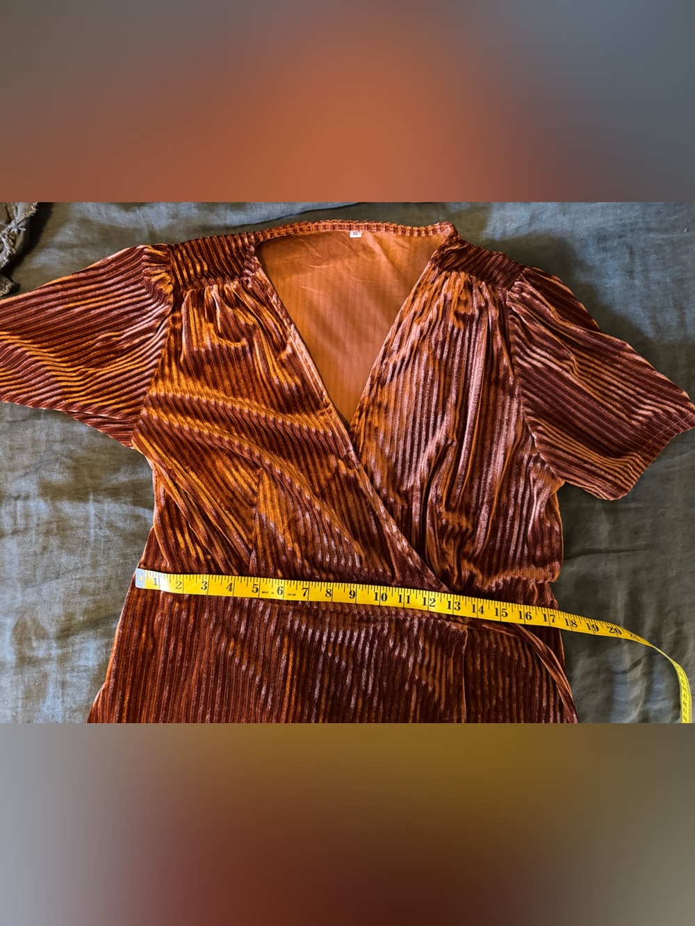 Women's Burnt Orange Velvet V Neck Wrap Dress - Picture 13 of 15